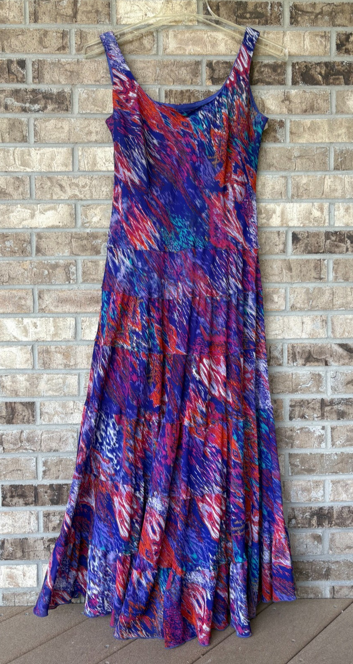 Kasper Purple Blue Tie Dye Maxi Dress MED Sleeveless Tank Chiffon Summer